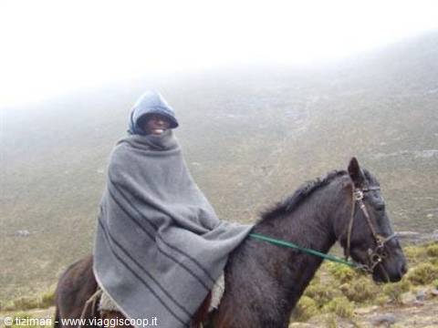 Rider wrapped in a grey blanket on a bay horse among foggy hills