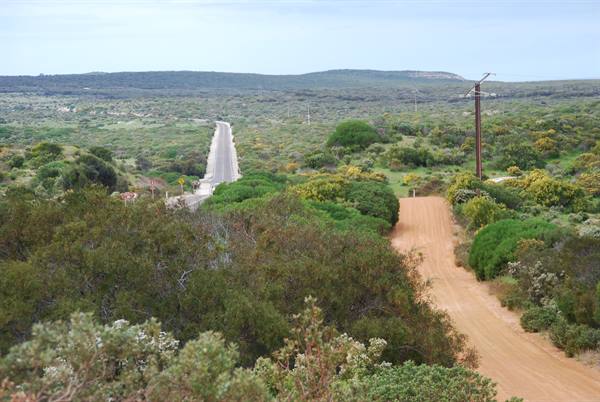 Strada sterrata rossa tra arbusti verso il ponte sull' democra, Kangaroo Island