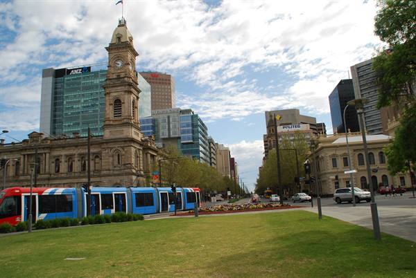 Il tram azzurro attraversa la piazza davanti al Municipio di Adelaide
