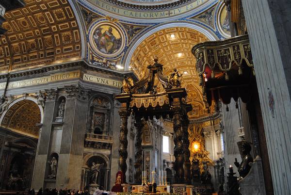 Bernini's bronze baldachin beneath the golden dome of St. Peter's