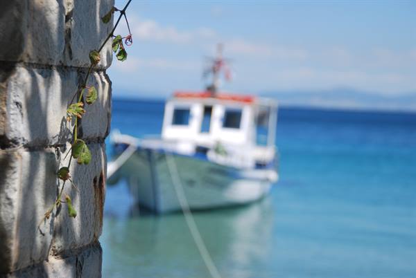 White fishing boat moored in turquoise sea, blurred behind a stone wall with climbing plant