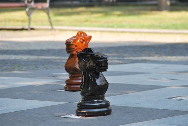 Giant wooden chess knights on an outdoor park chessboard