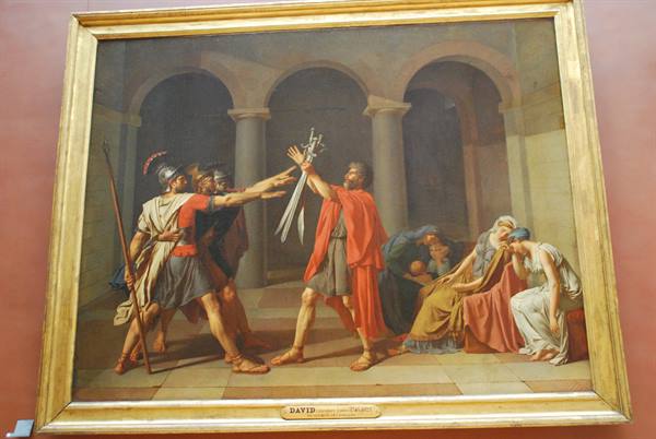 David's Oath of the Horatii painting, gilded frame, museum wall