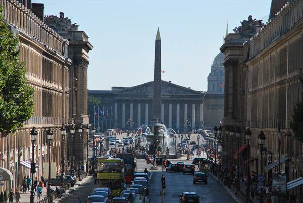 The Luxor Obelisk at Place de la Concorde seen from Rue Royale with fountains and traffic