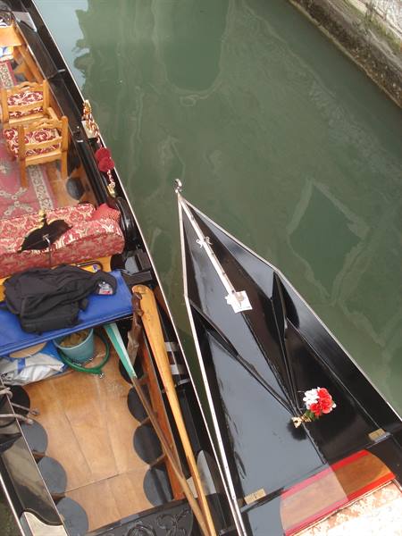 Black gondolas moored in Venice, one with red roses on the bow
