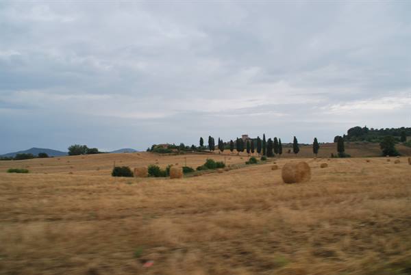Harvested fields with hay bales and cypresses under cloudy sky in Val d'Orcia