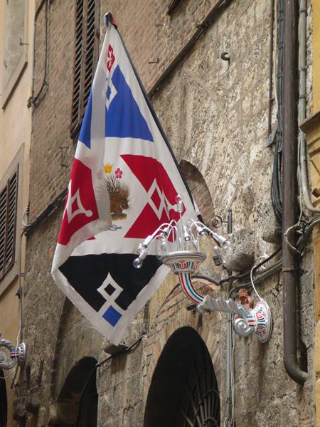 Contrada flag with porcupine emblem hanging on a brick wall in Siena