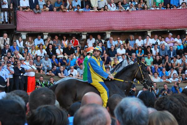 Jockey in yellow and blue silks on horseback among the crowd, Palio di Siena