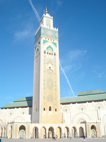 Green mosaic-decorated minaret of the Hassan II Mosque in Casablanca