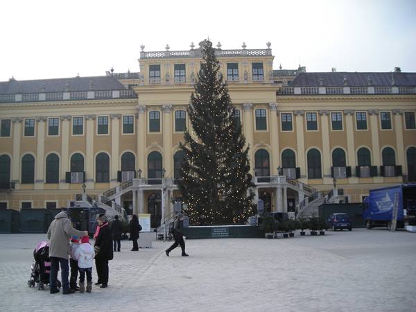 Lit Christmas tree in front of Schönbrunn baroque palace, visitors with stroller