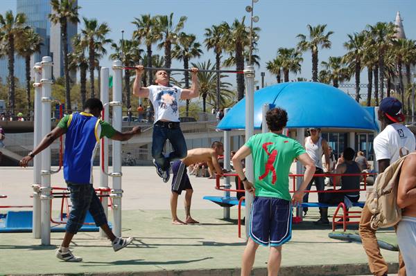 Young men work out on bars at Barceloneta beach among palm trees