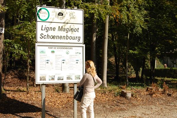 Tourist reading the Ligne Maginot Schoenenbourg sign at Fort de Schoenenbourg in the woods