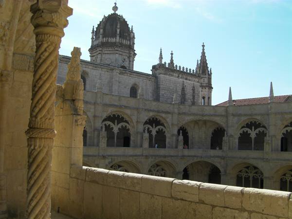 Cloister of the Jerónimos Monastery in Lisbon, carved spiral stone columns