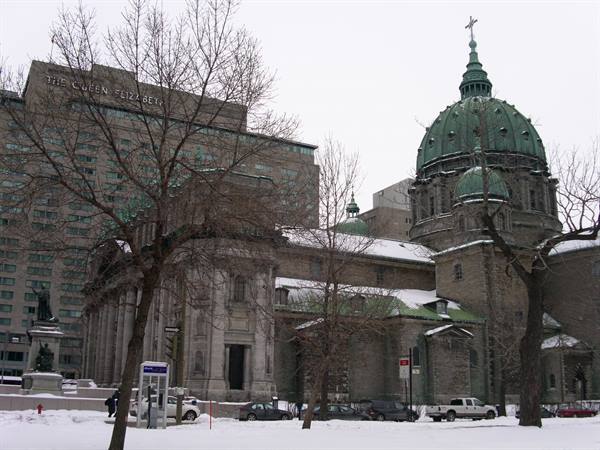 Mary Queen of the World Cathedral in Montreal, green dome in the snow