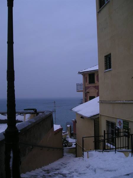 Snowy staircase between colorful houses and a lamppost, facing the sea