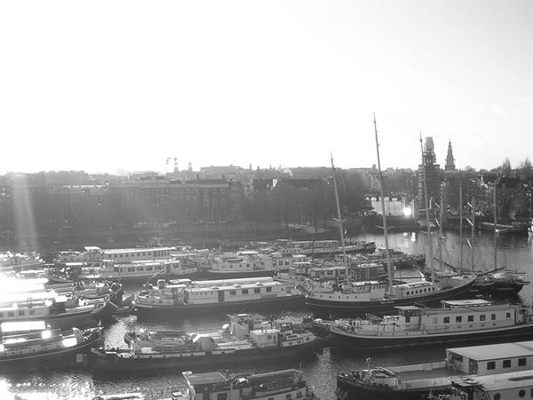 Sailboats and houseboats moored in the harbor, morning light, Amsterdam