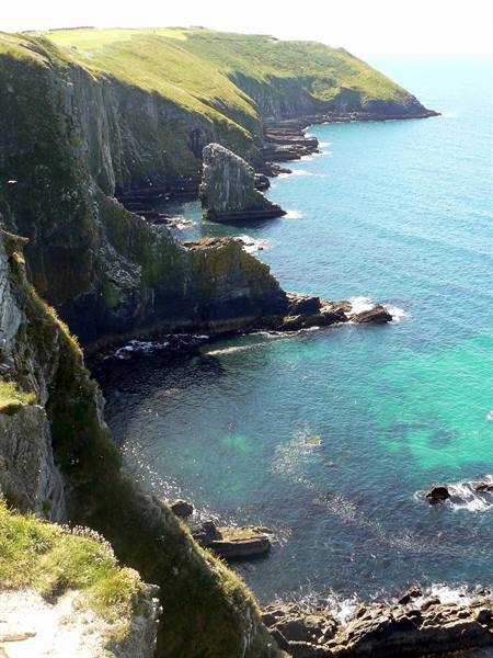 Grassy cliffs plunging into turquoise sea with rocky stacks