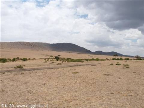 Dry savanna with scattered bushes and hills under white clouds