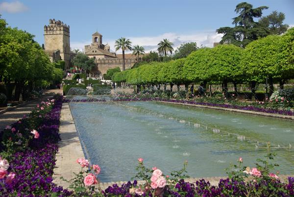 Fountain pool with roses in the Alcázar gardens of Córdoba