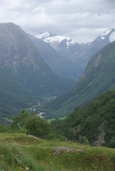 Green valley with river and snowy peaks under grey sky