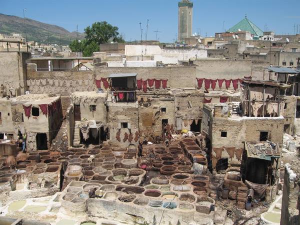 Fez tanneries: stone dyeing vats, hides drying on rooftops under sun