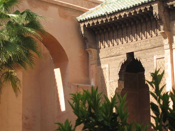 Carved stucco portal beside an arch, palm and bush in sunlight