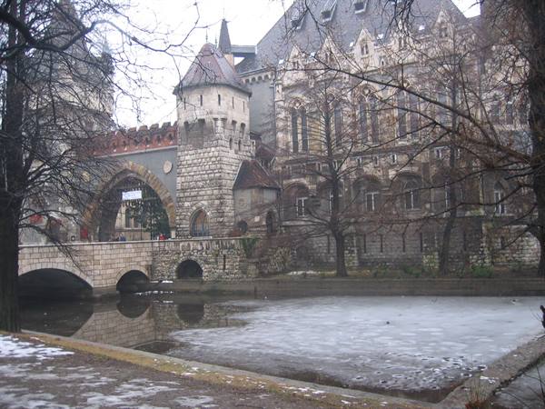 Vajdahunyad Castle, stone tower and bridge over frozen lake