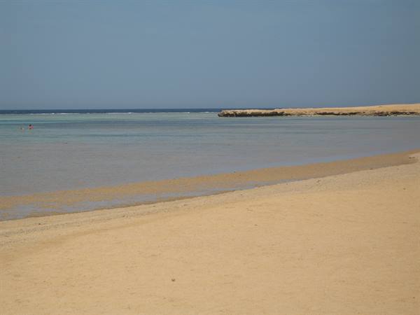 Pale sand and shallow turquoise water with a reef in the background, Red Sea beach