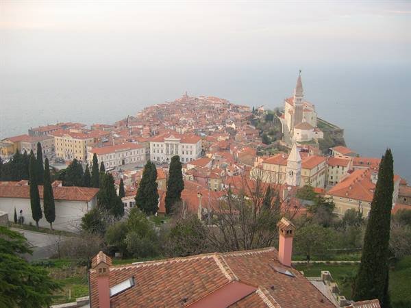 Red rooftops of Piran with the bell tower overlooking the grey sea