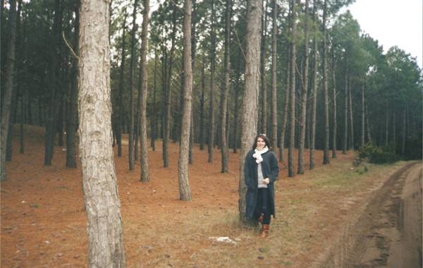 Woman in scarf leaning on a pine tree in a forest with red soil