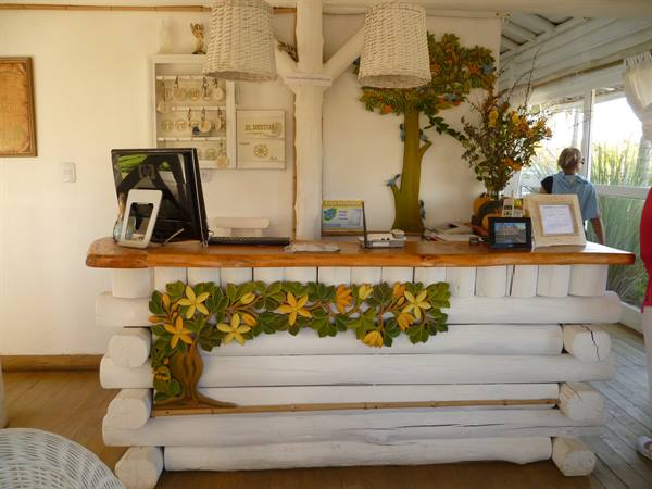 Reception desk of white logs with painted flowers, woven lamps and computer