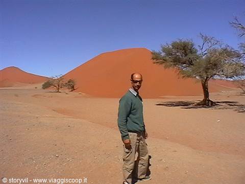 Man in green sweater beside a red dune and acacia, Sossusvlei desert