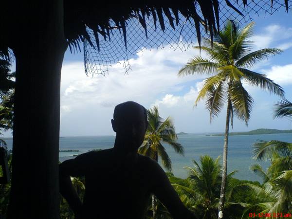 Man silhouetted under thatched roof, palm trees and islands on turquoise sea