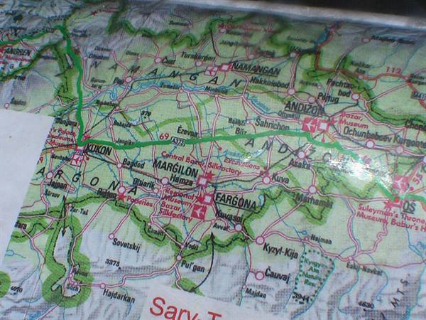 Tourist map of the Fergana Valley showing Kokand, Margilon and Fergona