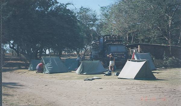 Campsite under large trees: green tents, expedition truck and travellers in the sun