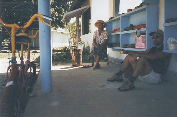 Seated woman and man leaning by fruit shelves, yellow bicycles in foreground
