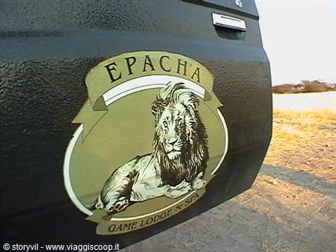 Epacha Game Lodge lion logo painted on the black side of a safari vehicle, savanna behind