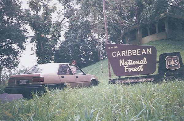 Car parked beside the Leaving Caribbean National Forest wooden sign