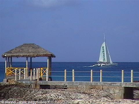 Thatched palapa on rocky shore, Heineken sail catamaran on blue sea