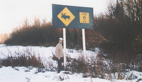 Man under yellow moose crossing sign, snow and bare trees