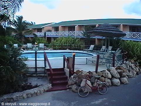 Bicycle parked by rocks near a tropical resort pool with thatched umbrella