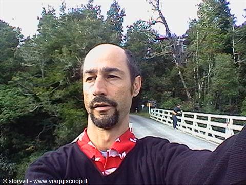 Man in black sweater and red shirt near white wooden bridge among trees