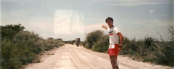 Tourist on dirt road with elephants among Etosha bushes