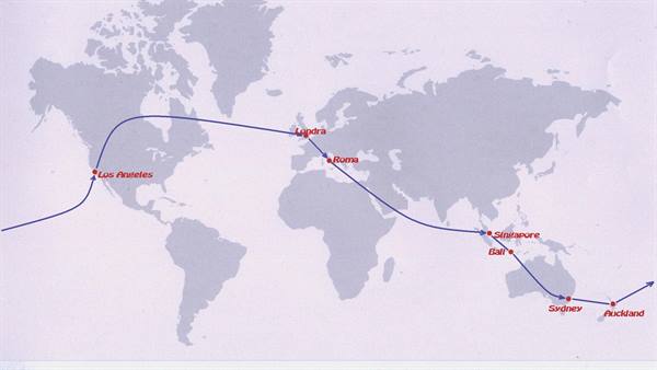 World map with blue route line linking London, Los Angeles, Bali, Sydney and Auckland