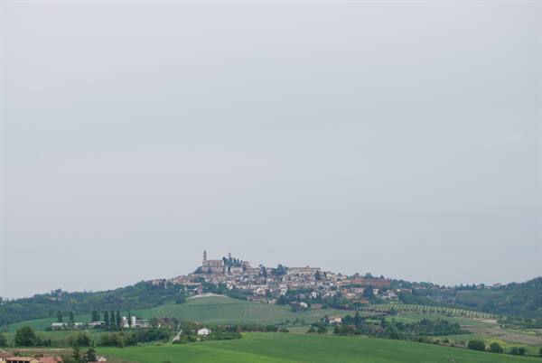 Hilltop village with bell tower among green fields under grey sky