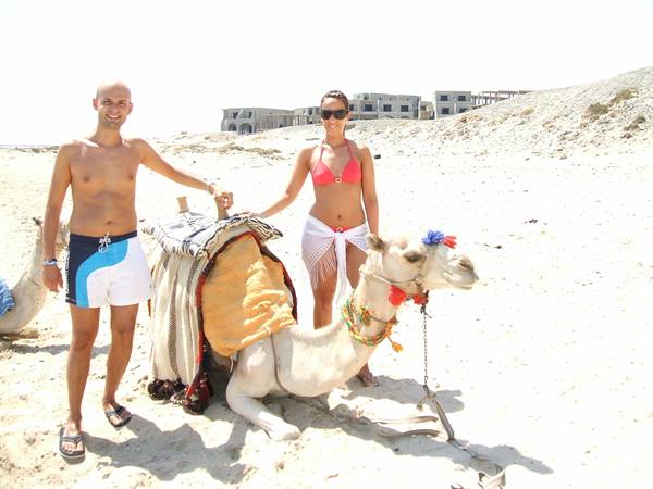 Couple in swimwear next to a camel sitting on the sand