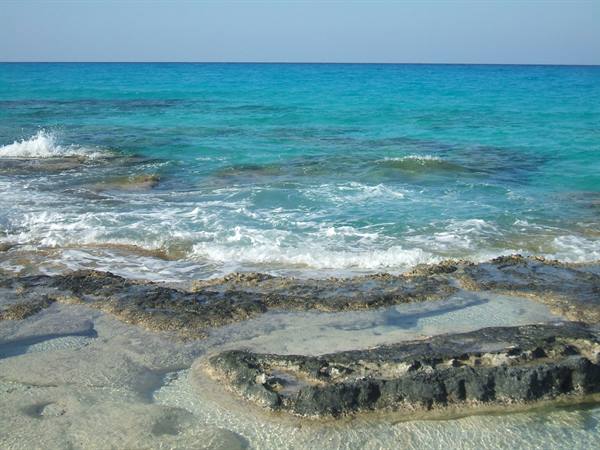 Dark rocks emerge from clear shallow water, white waves breaking on turquoise sea