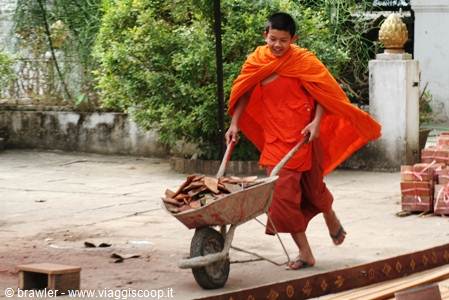 Young Buddhist monk in orange robes pushing a wheelbarrow of bricks in a temple courtyard