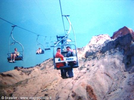 Tourists on a chairlift above Cappadocia rocks