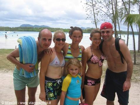 Group of swimmers in swimwear smiling on a shaded tropical beach